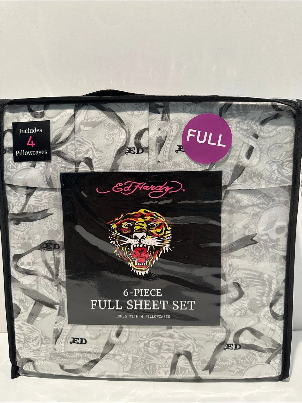 NWT Ed Hardy Classic Gray Ribbon 6 Piece Full Sheet Set with 4 Pillowcases.